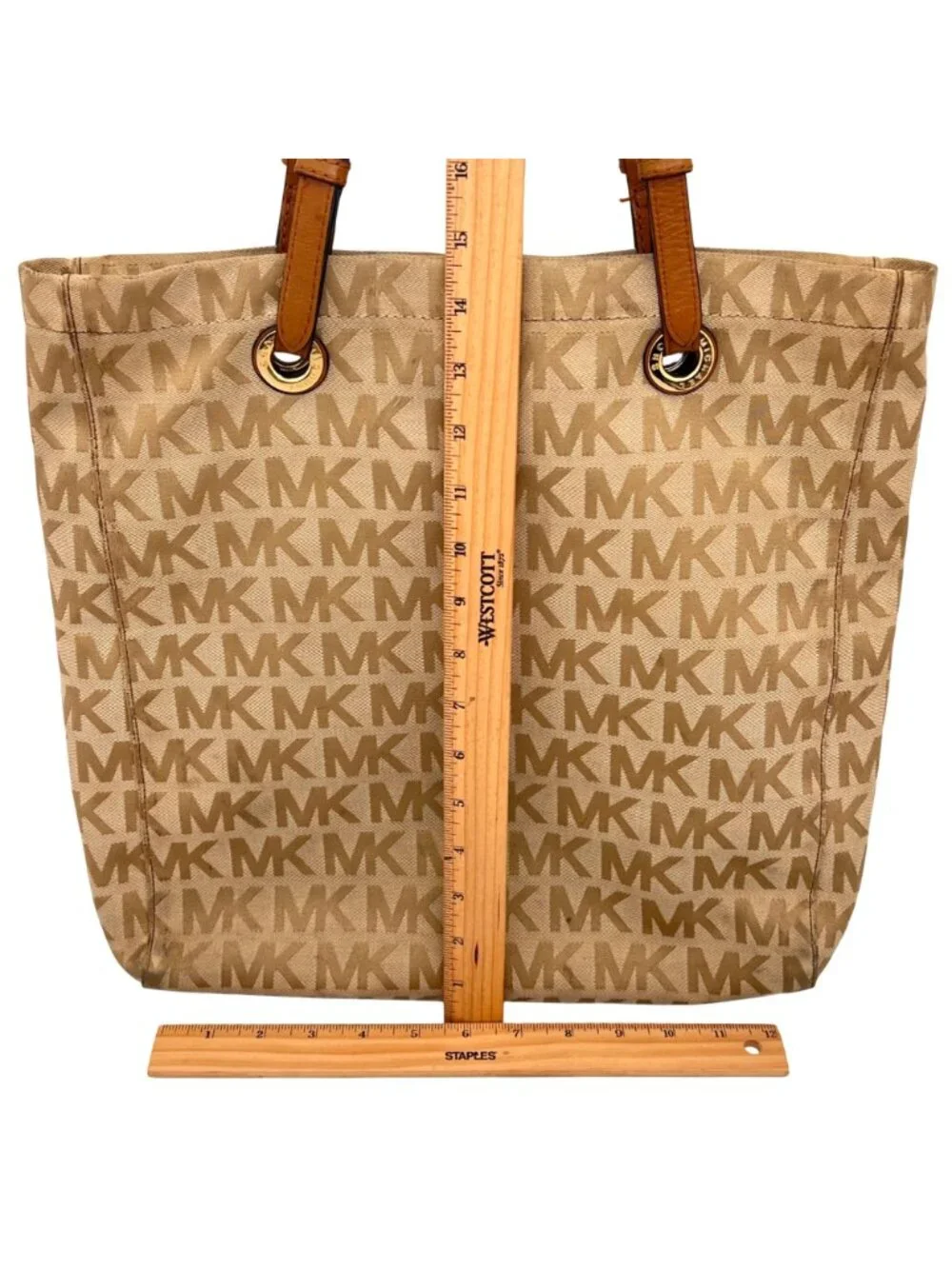 Michael Kors MK Logo Canvas Tote Bag Adjustable Leather Straps Beige Brown Gold
